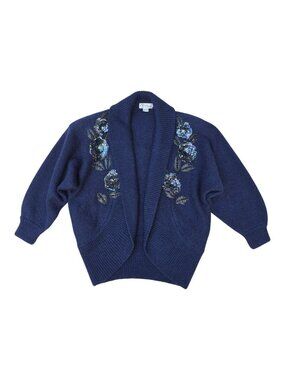 Vtg PIERRE Mohair Wool Cardigan M Navy Blue Sequin Beaded Embroidered Open Front